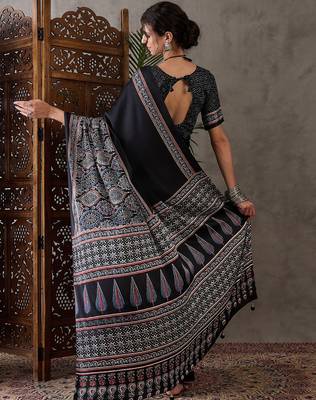 Black color Pre Stitched semi modal saree with unstitched designer blouse 2