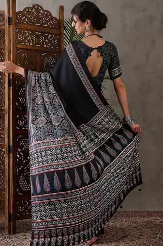 Black color Pre Stitched semi modal saree with unstitched designer blouse