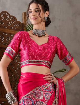 Pink color Pre Stitched semi modal saree with unstitched designer blouse 4
