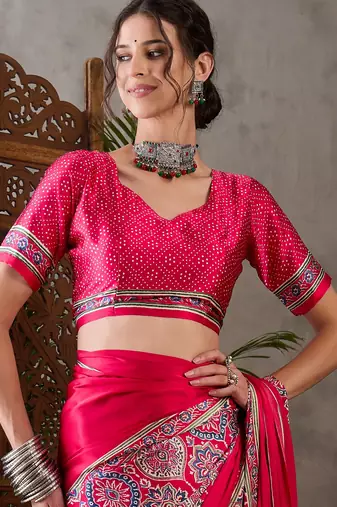 Pink color Pre Stitched semi modal saree with unstitched designer blouse