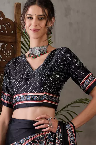 Black color Pre Stitched semi modal saree with unstitched designer blouse