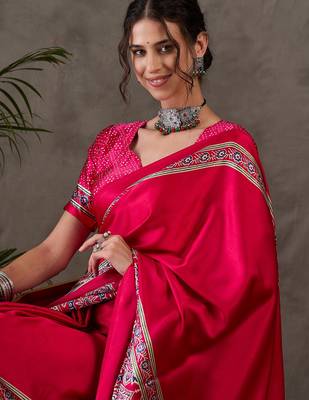 Pink color Pre Stitched semi modal saree with unstitched designer blouse 5