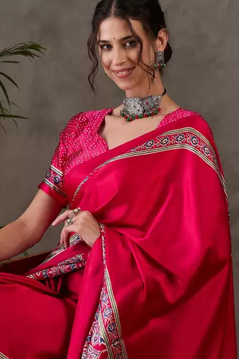 Pink color Pre Stitched semi modal saree with unstitched designer blouse