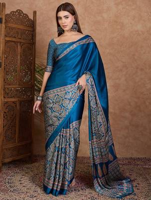 blue ready made semi modal saree with designer blouse 1