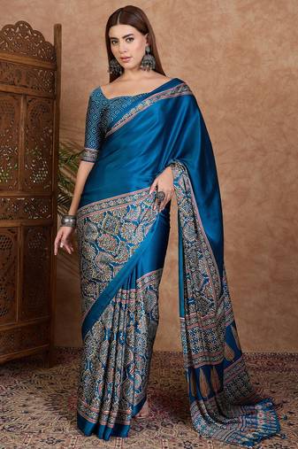 Blue color ready to wear semi modal saree with unstitched designer blouse
