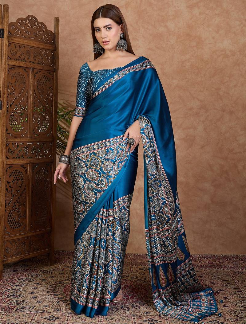 Blue color ready to wear semi modal saree with unstitched designer blouse
