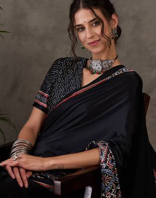 Black color Pre Stitched semi modal saree with unstitched designer blouse 4