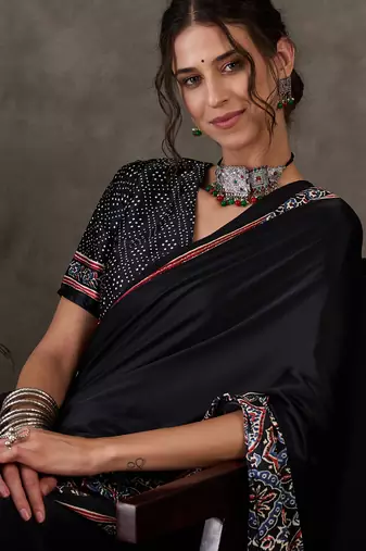 Black color Pre Stitched semi modal saree with unstitched designer blouse