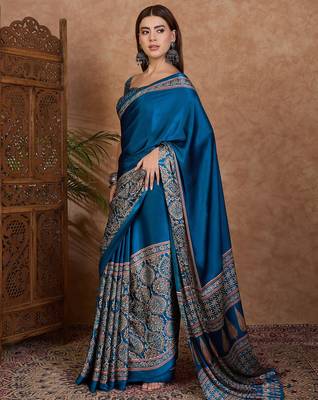 blue ready made semi modal saree with designer blouse 2