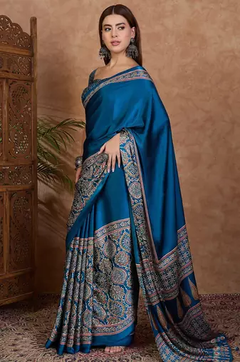 blue ready made semi modal saree with designer blouse