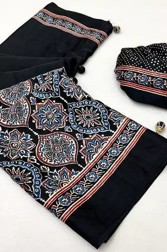 Black color Pre Stitched semi modal saree with unstitched designer blouse