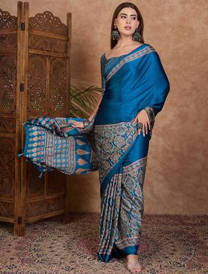 blue ready made semi modal saree with designer blouse 3