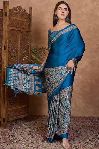 blue ready made semi modal saree with designer blouse
