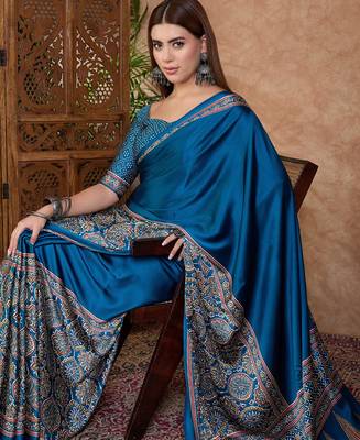 blue ready made semi modal saree with designer blouse 4