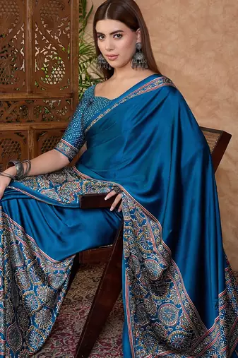blue ready made semi modal saree with designer blouse