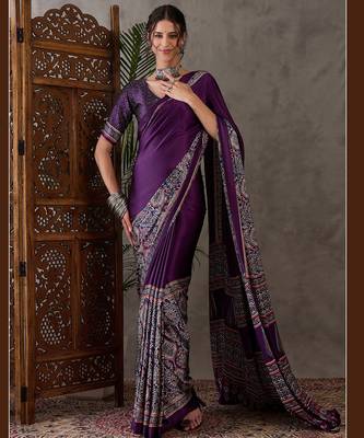 Purple color Pre Stitched semi modal saree with unstitched designer blouse 1