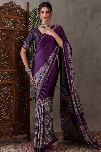 Purple color ready to wear semi modal saree with unstitched designer blouse