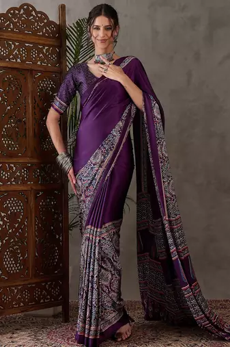 Purple color ready to wear semi modal saree with unstitched designer blouse