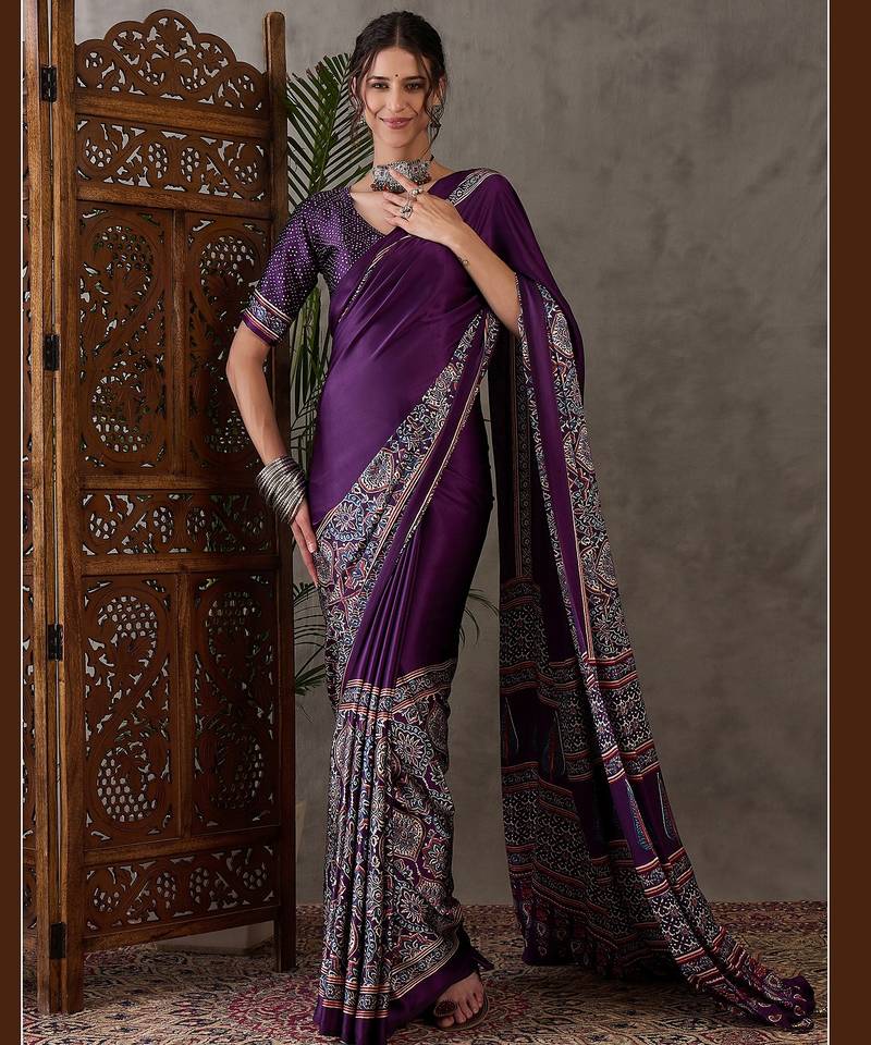 Purple color ready to wear semi modal saree with unstitched designer blouse