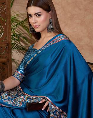 blue ready made semi modal saree with designer blouse 5
