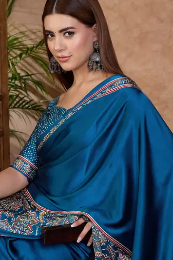 blue ready made semi modal saree with designer blouse