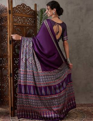 Purple color Pre Stitched semi modal saree with unstitched designer blouse 2