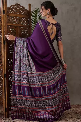 Purple color Pre Stitched semi modal saree with unstitched designer blouse