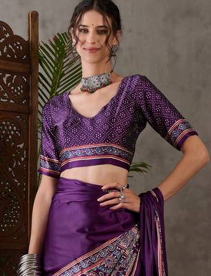 Purple color Pre Stitched semi modal saree with unstitched designer blouse 3