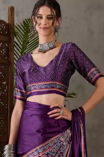 Purple color Pre Stitched semi modal saree with unstitched designer blouse