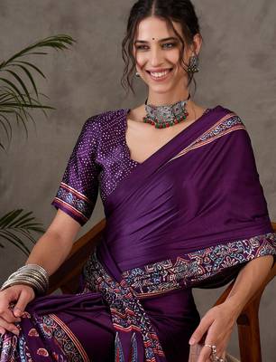 Purple color Pre Stitched semi modal saree with unstitched designer blouse 4