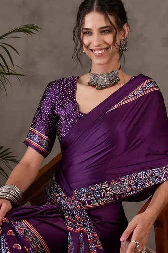 Purple color Pre Stitched semi modal saree with unstitched designer blouse