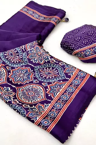 Purple color Pre Stitched semi modal saree with unstitched designer blouse