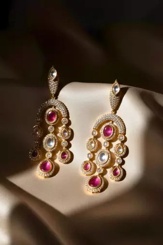 Moissanite Kundan Red Stone Danglers