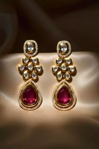 Moissanite Kundan Red Stone Dangler Earrings