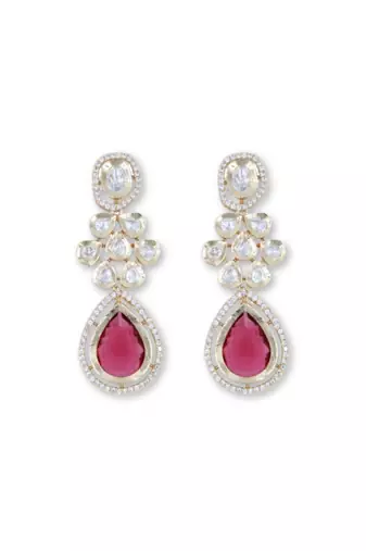 Moissanite Kundan Red Stone Dangler Earrings