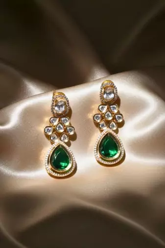 Moissanite Kundan Emerald Green Dangler Earrings