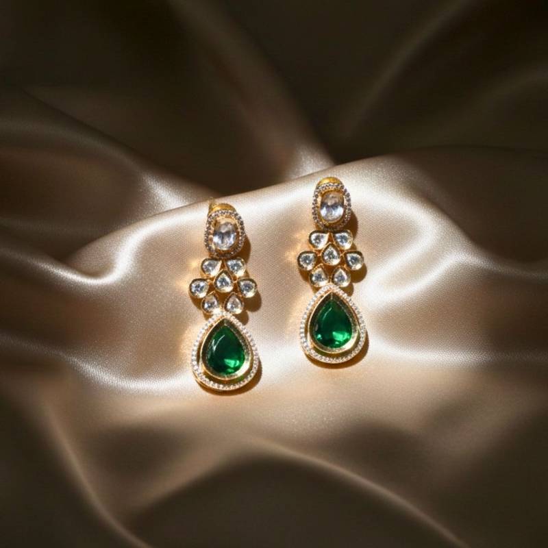 Moissanite Kundan Emerald Green Dangler Earrings