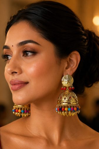 Elegant punjabi style gold plated jhumka earrings