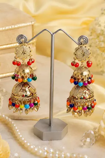 Multi layered punjabi gold plated jhumka earrings
