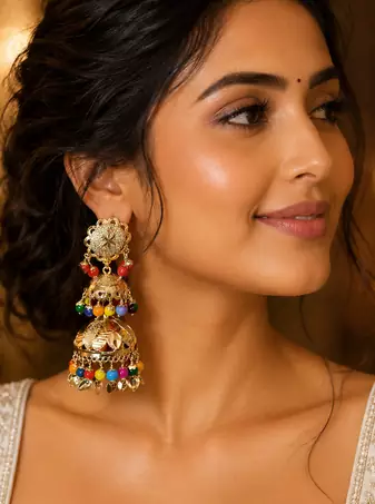 Multi layered punjabi gold plated jhumka earrings