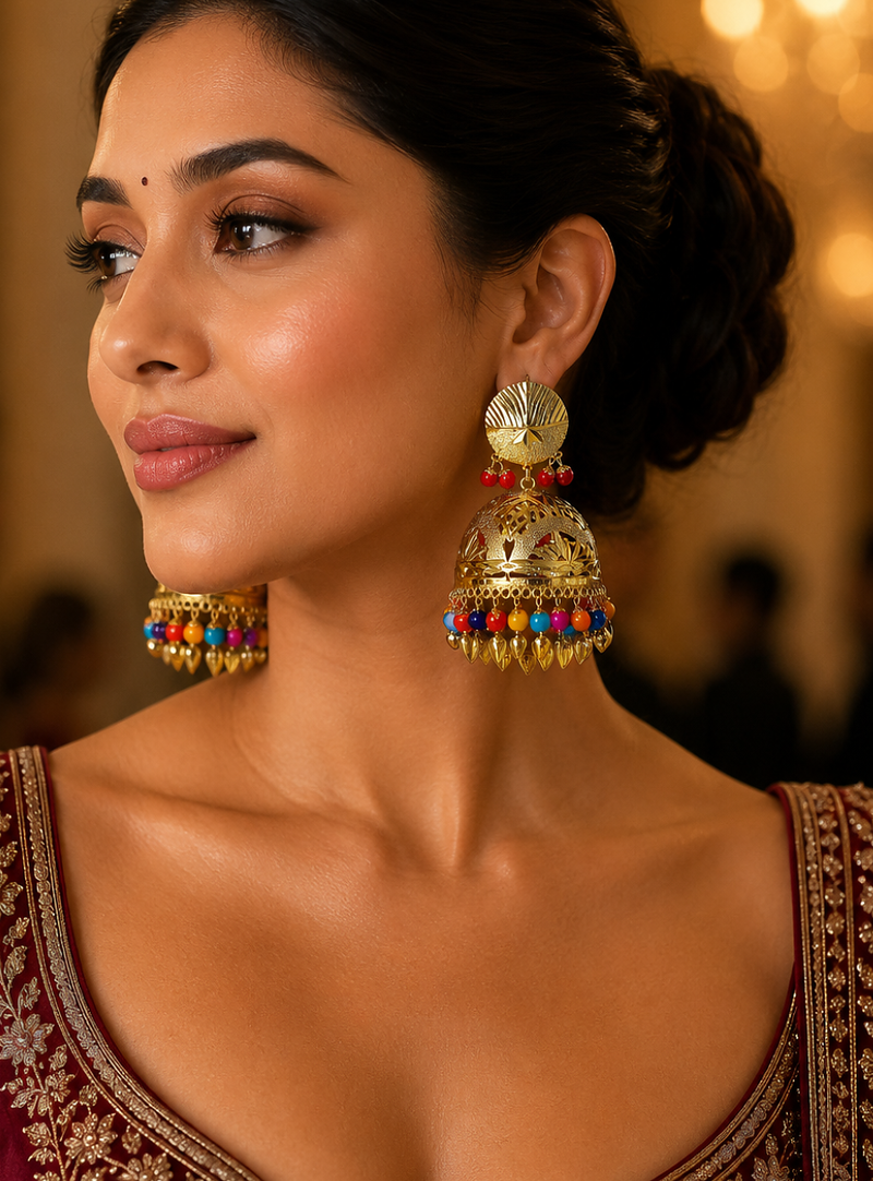 Elegant punjabi style gold plated jhumka earrings