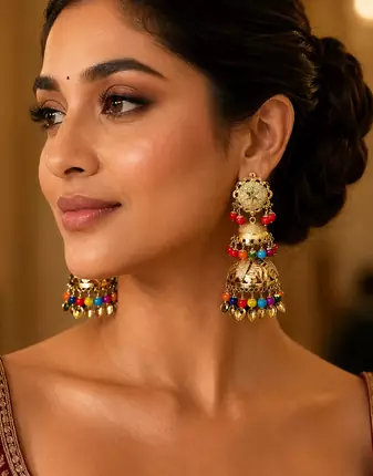 Multi layered punjabi gold plated jhumka earrings