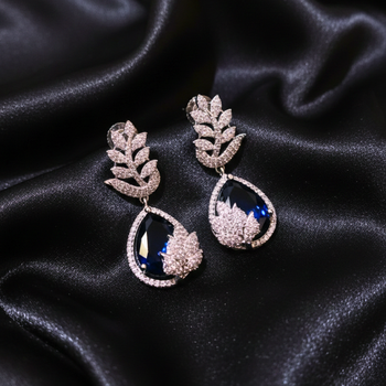 Blue Stone AD Flower Motif Dangler Earrings 1