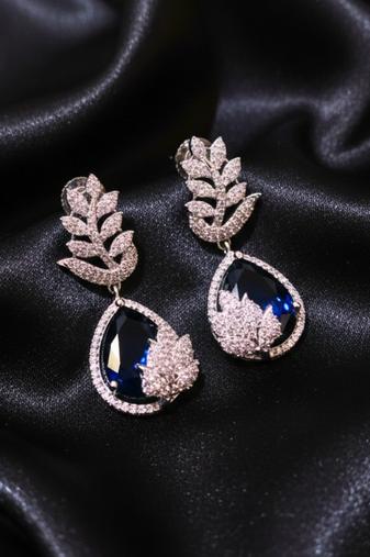 Blue Stone AD Flower Motif Dangler Earrings