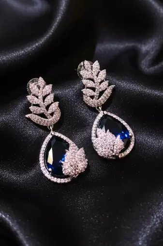 Blue Stone AD Flower Motif Dangler Earrings