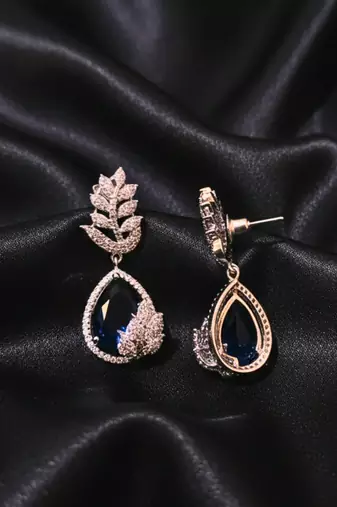 Blue Stone AD Flower Motif Dangler Earrings