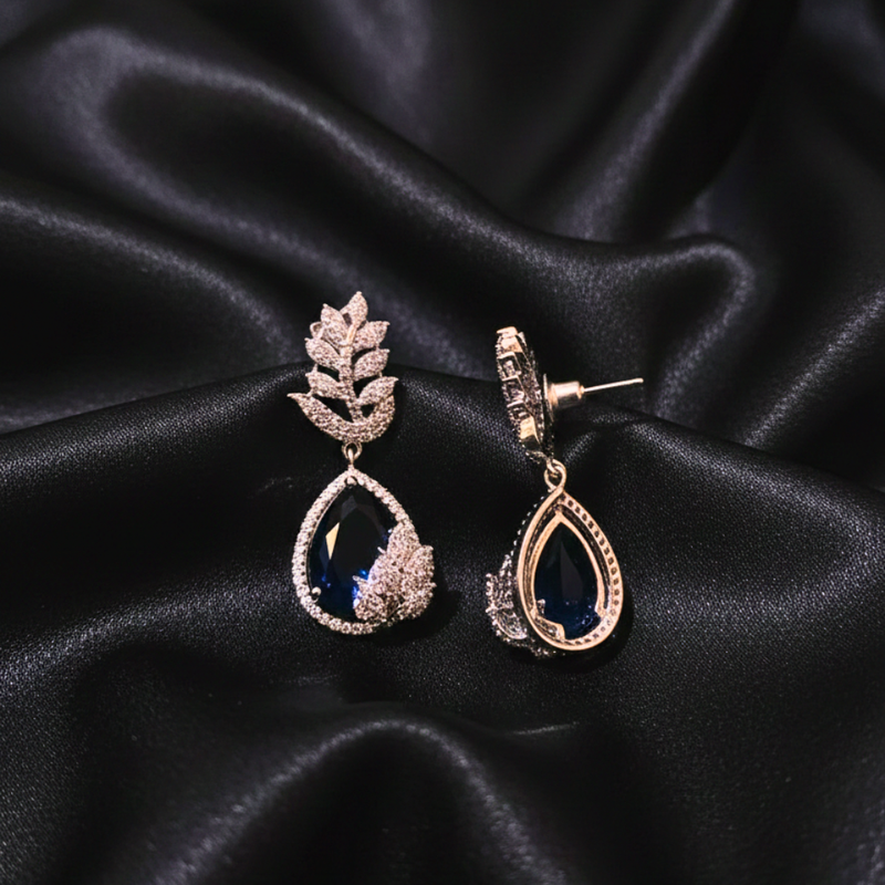 Blue Stone AD Flower Motif Dangler Earrings