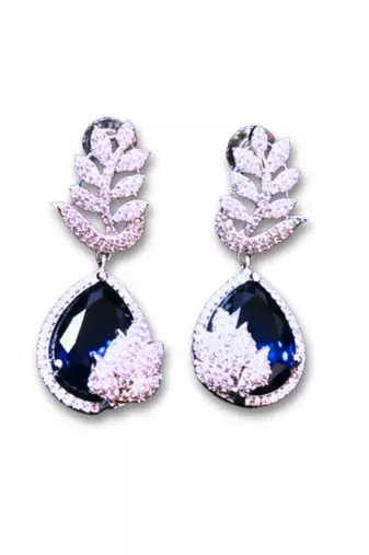 Blue Stone AD Flower Motif Dangler Earrings