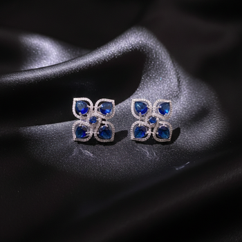 Blue Stone AD Flower Stud Earrings 1