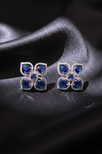 Blue Stone AD Flower Stud Earrings